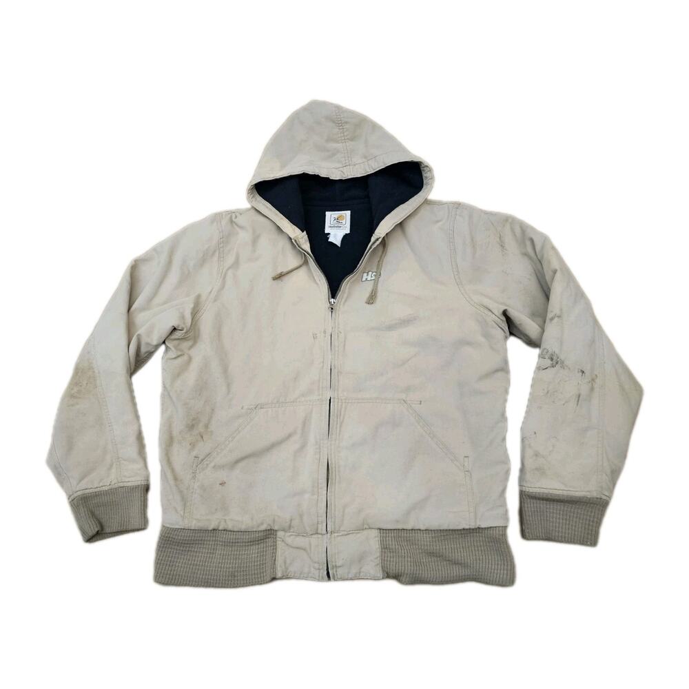 Vintage Hollister Cotton Barn Work Jacket Tan Khaki Full Zip Hooded Size Medium